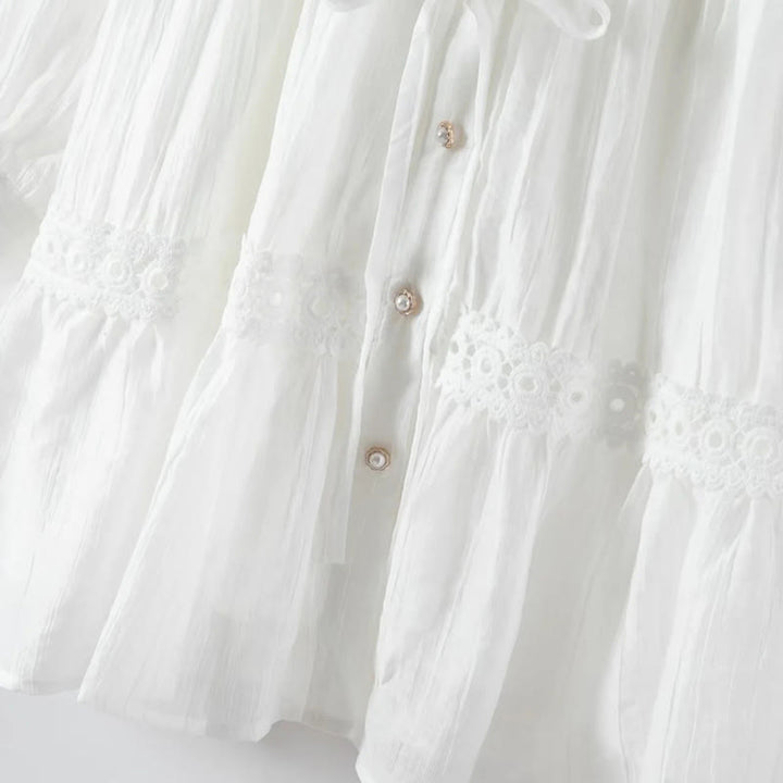 Buddha Stones Commute Lace Patchwork Lace-up Long Sleeve Buttons Lapel Women's Cotton Midi Dress - image 8