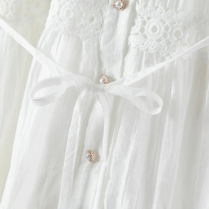 Buddha Stones Commute Lace Patchwork Lace-up Long Sleeve Buttons Lapel Women's Cotton Midi Dress - image 7