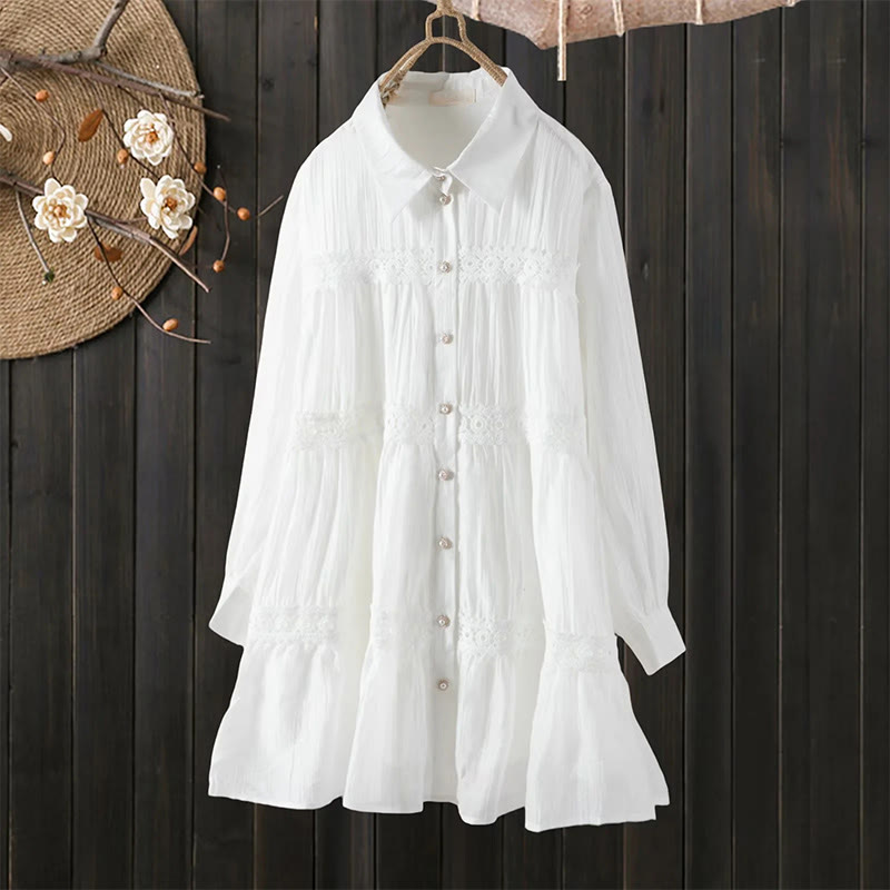 Buddha Stones Commute Lace Patchwork Lace-up Long Sleeve Buttons Lapel Women's Cotton Midi Dress - White - US4-6，UK/AU8-10，EU36-38 (F) - image 1