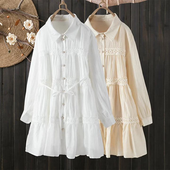 Buddha Stones Commute Lace Patchwork Lace-up Long Sleeve Buttons Lapel Women's Cotton Midi Dress - image 14