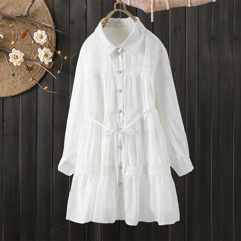 Buddha Stones Commute Lace Patchwork Lace-up Long Sleeve Buttons Lapel Women's Cotton Midi Dress - image 0