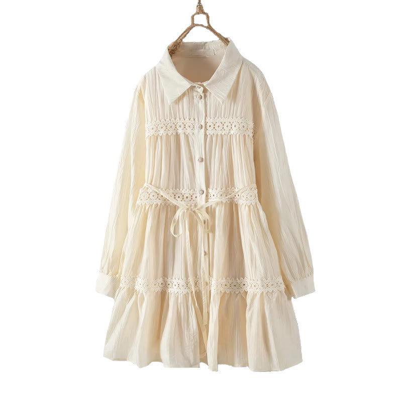 Buddha Stones Commute Lace Patchwork Lace-up Long Sleeve Buttons Lapel Women's Cotton Midi Dress - image 13