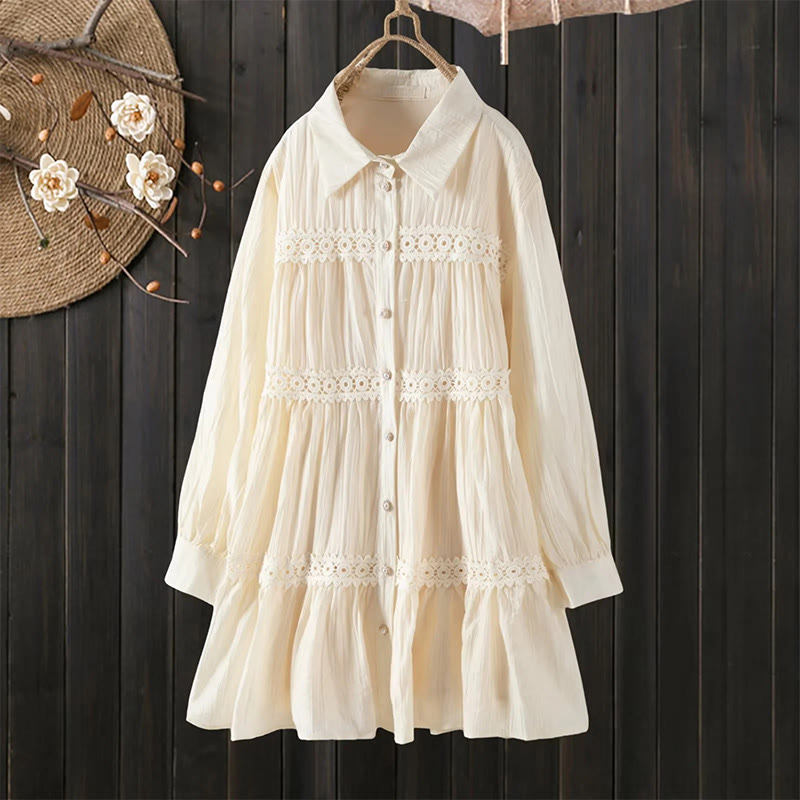 Buddha Stones Commute Lace Patchwork Lace-up Long Sleeve Buttons Lapel Women's Cotton Midi Dress - BlanchedAlmond - US4-6，UK/AU8-10，EU36-38 (F) - image 11