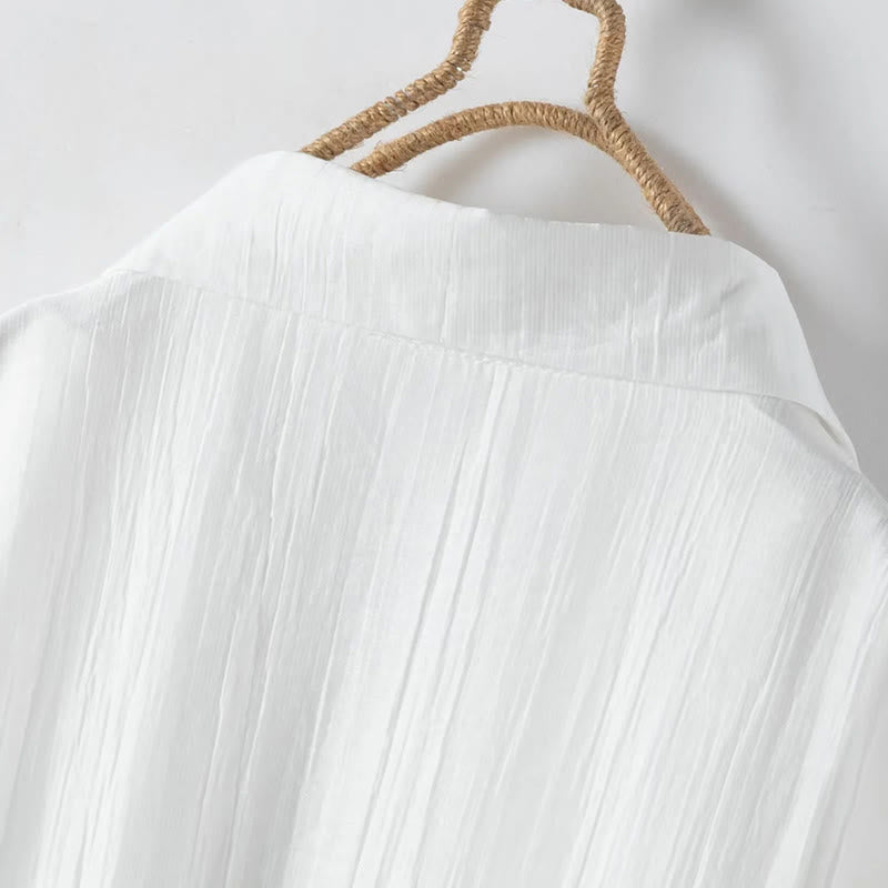 Buddha Stones Commute Lace Patchwork Lace-up Long Sleeve Buttons Lapel Women's Cotton Midi Dress - image 4