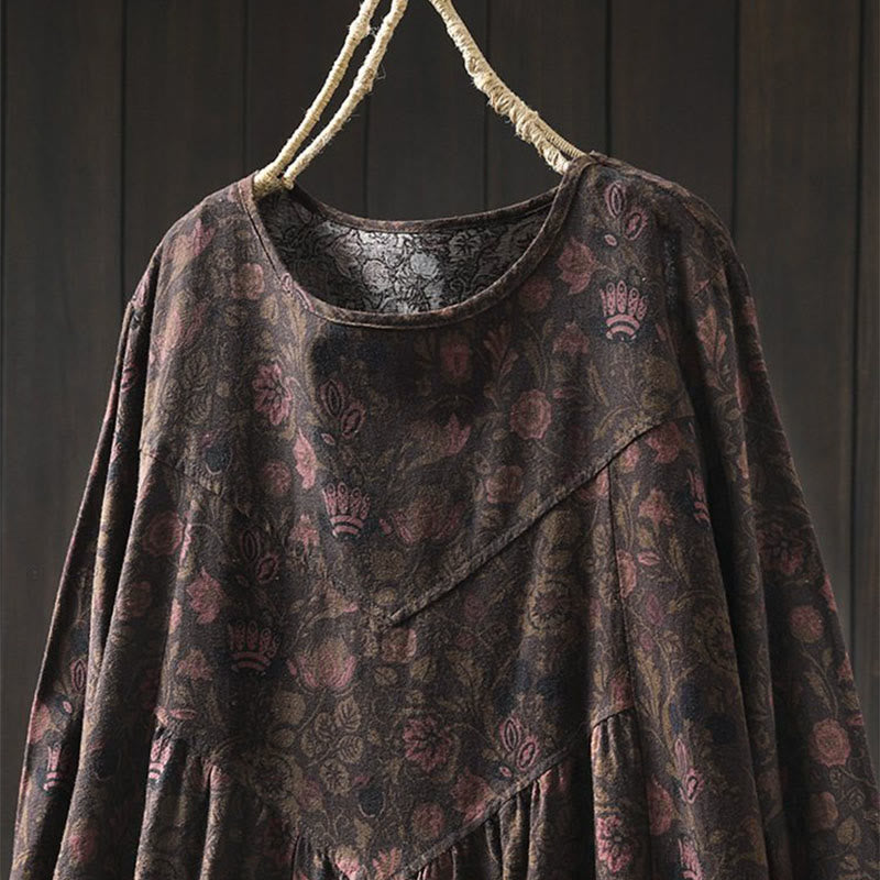 Buddha Stones Retro Floral Pattern A-line Design Long Sleeve Women's Cotton Maxi Dress - image 14