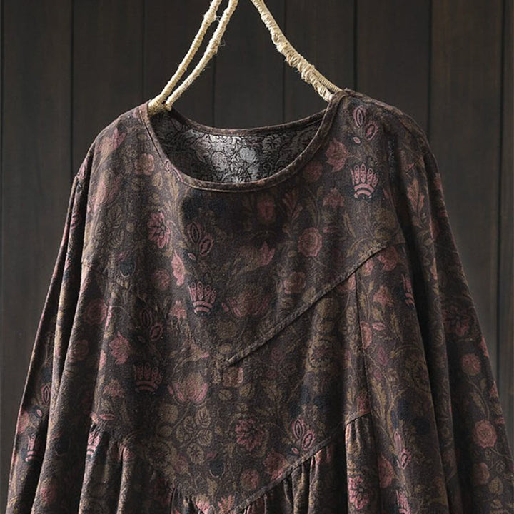 Buddha Stones Retro Floral Pattern A-line Design Long Sleeve Women's Cotton Maxi Dress - image 14