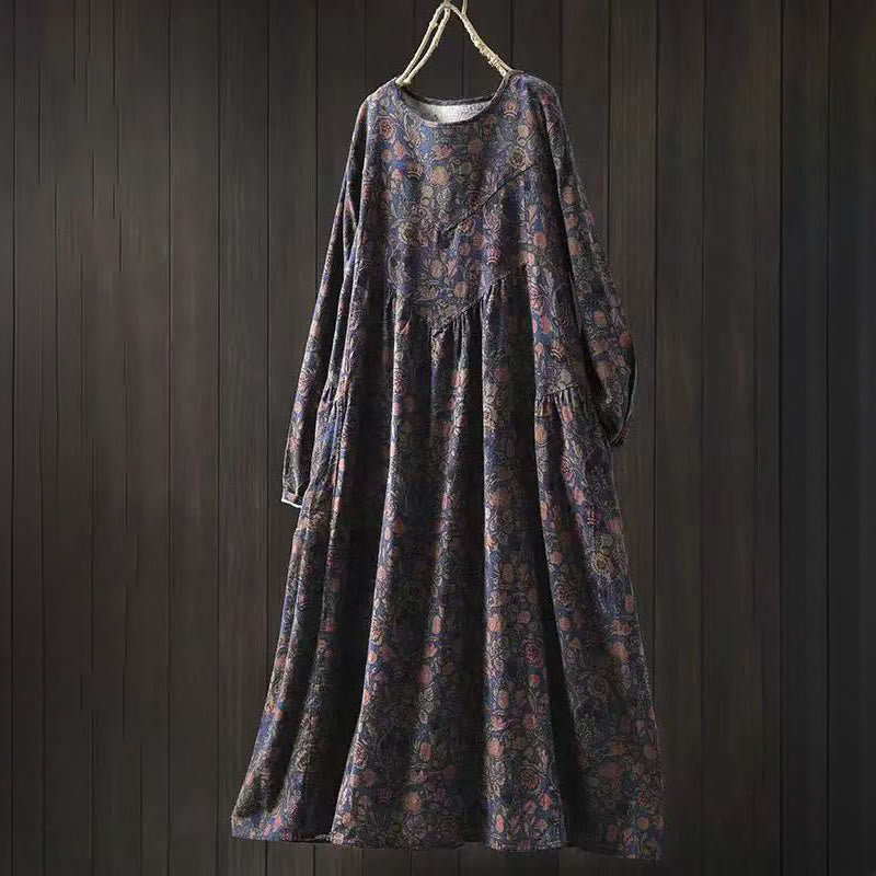 Buddha Stones Retro Floral Pattern A-line Design Long Sleeve Women's Cotton Maxi Dress - DarkBlue - US4-8/10，UK/AU8-12/14，EU36-40/42 (F) - image 11