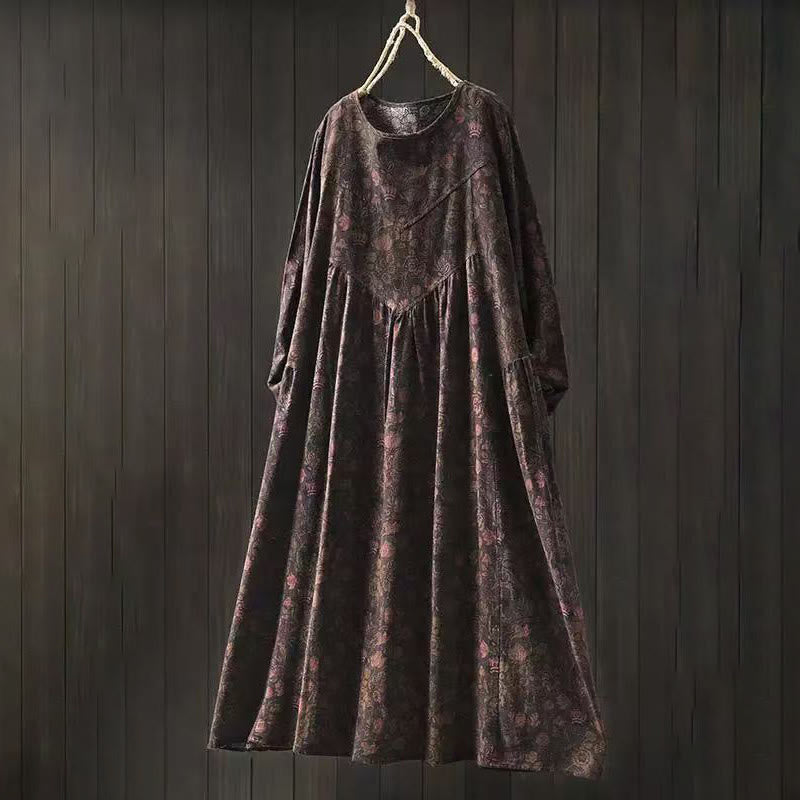 Buddha Stones Retro Floral Pattern A-line Design Long Sleeve Women's Cotton Maxi Dress - SaddleBrown - US4-8/10，UK/AU8-12/14，EU36-40/42 (F) - image 13