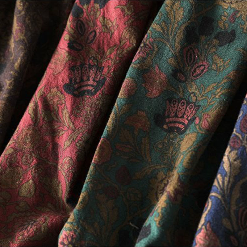 Buddha Stones Retro Floral Pattern A-line Design Long Sleeve Women's Cotton Maxi Dress - image 15