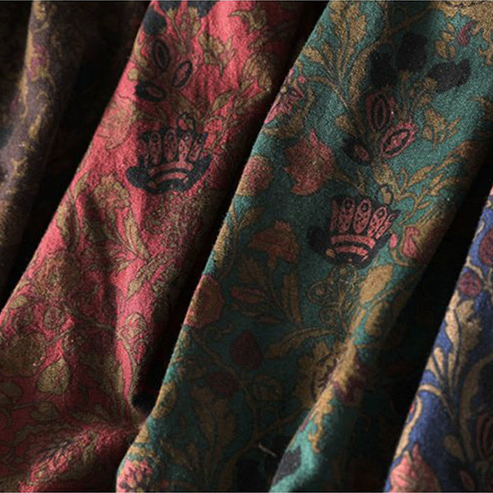 Buddha Stones Retro Floral Pattern A-line Design Long Sleeve Women's Cotton Maxi Dress - image 15