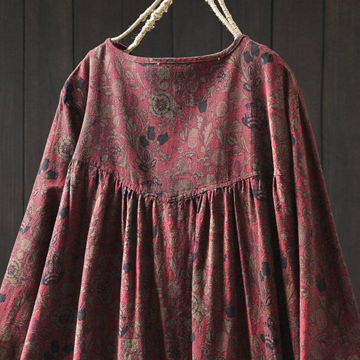 Buddha Stones Retro Floral Pattern A-line Design Long Sleeve Women's Cotton Maxi Dress - image 5