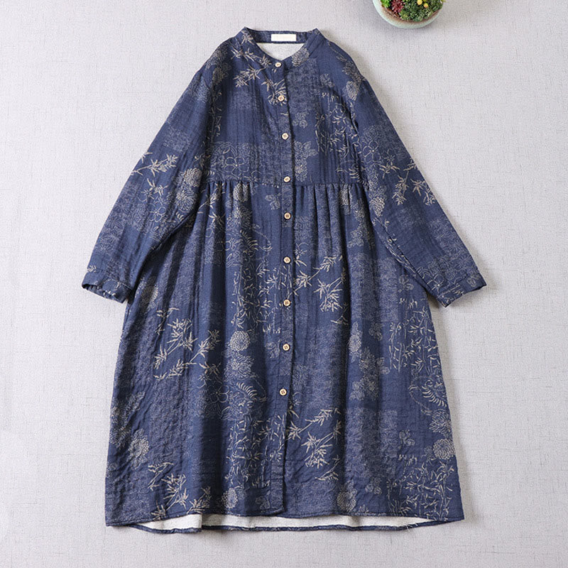 Buddha Stones Commute Bamboo Floral Pattern Long Sleeve Buttons Women's Cotton Midi Dress With Pockets - DarkBlue - US4-6，UK/AU8-10，EU36-38 (F) - image 1