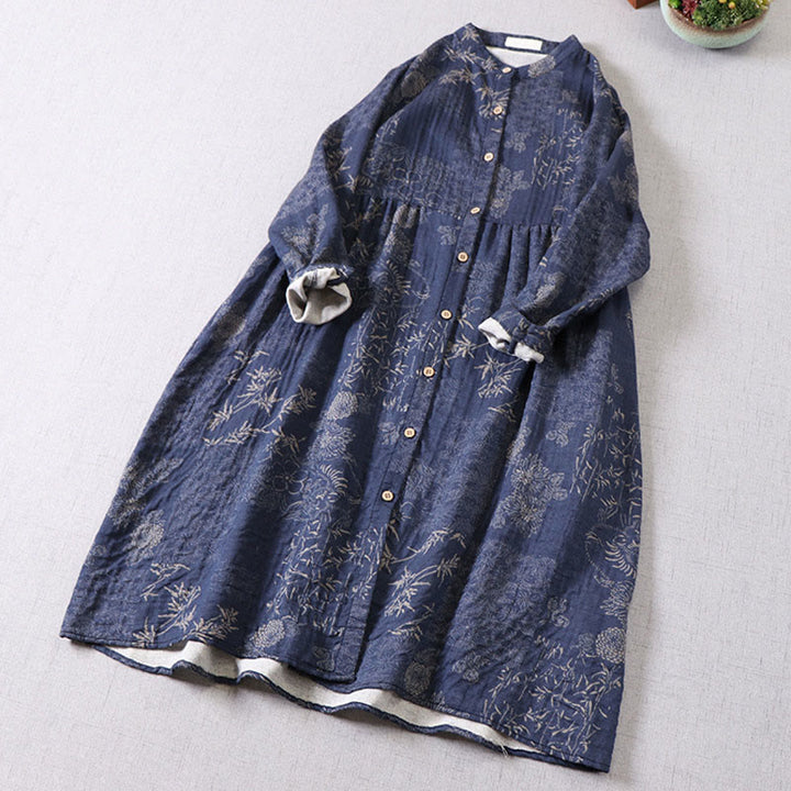Buddha Stones Commute Bamboo Floral Pattern Long Sleeve Buttons Women's Cotton Midi Dress With Pockets - image 3