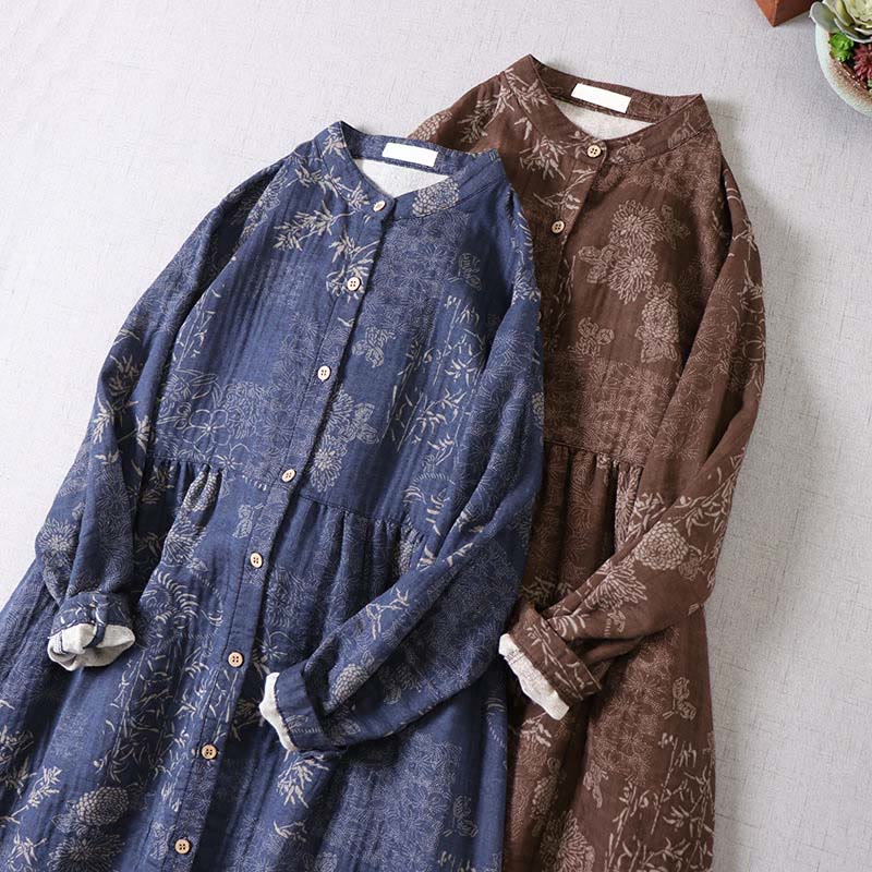Buddha Stones Commute Bamboo Floral Pattern Long Sleeve Buttons Women's Cotton Midi Dress With Pockets - image 15