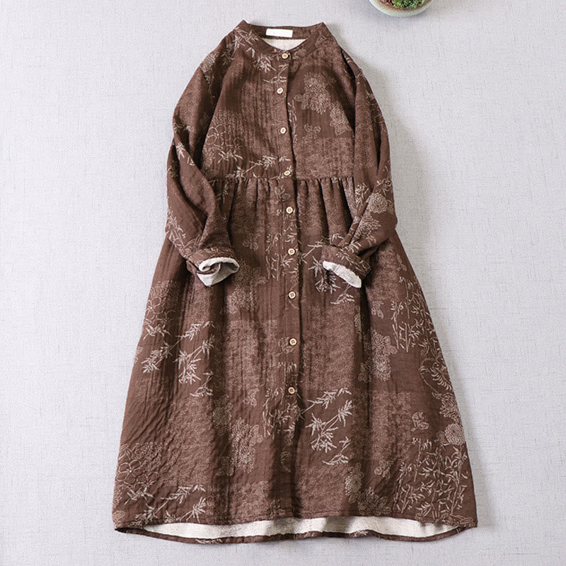 Buddha Stones Commute Bamboo Floral Pattern Long Sleeve Buttons Women's Cotton Midi Dress With Pockets - SaddleBrown - US4-6，UK/AU8-10，EU36-38 (F) - image 9