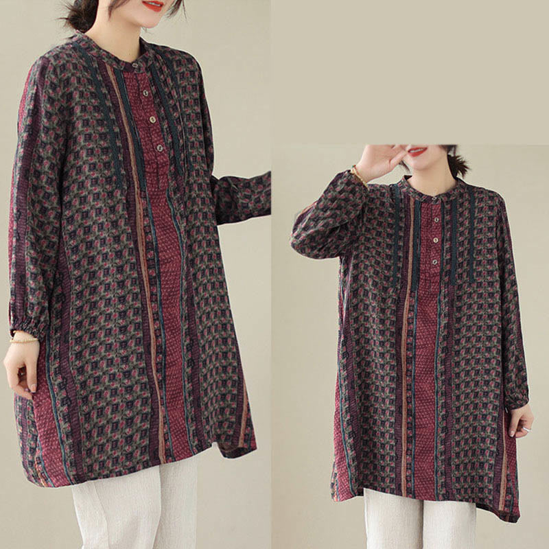 Buddha Stones Retro Printed Floral Women's Accordion Pleats Design Long Sleeve Shirt With Pockets - image 15