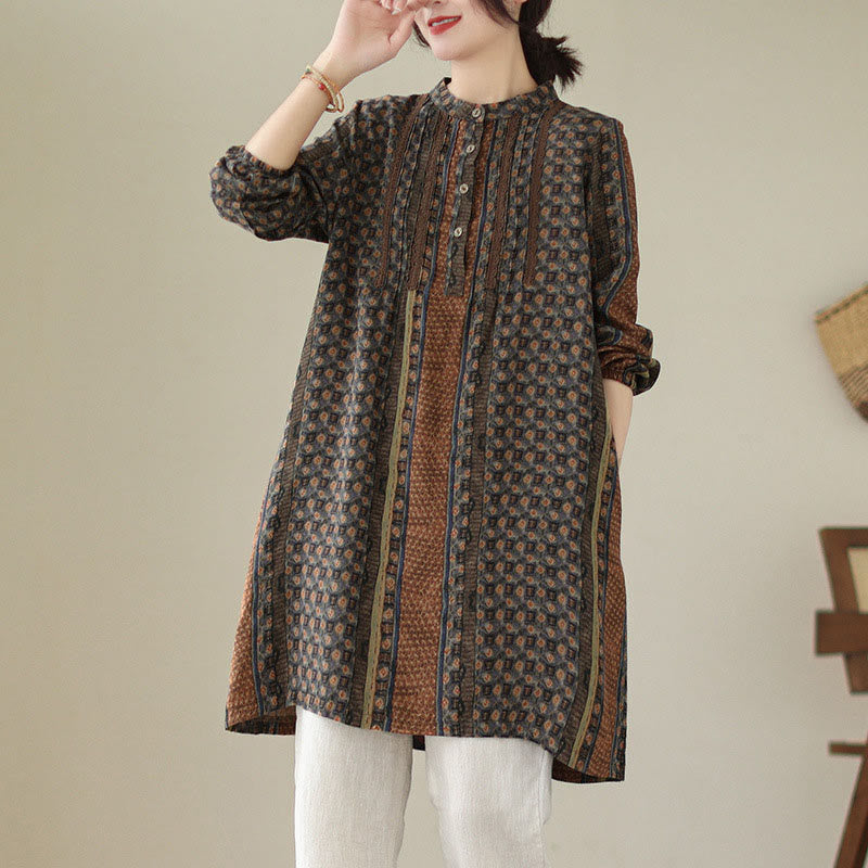 Buddha Stones Retro Printed Floral Women's Accordion Pleats Design Long Sleeve Shirt With Pockets - SaddleBrown - US8-10，UK/AU12-14，EU40-42 (2XL) - image 0