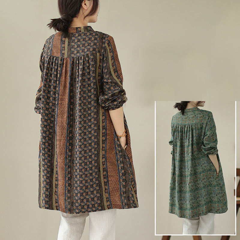 Buddha Stones Retro Printed Floral Women's Accordion Pleats Design Long Sleeve Shirt With Pockets - image 22