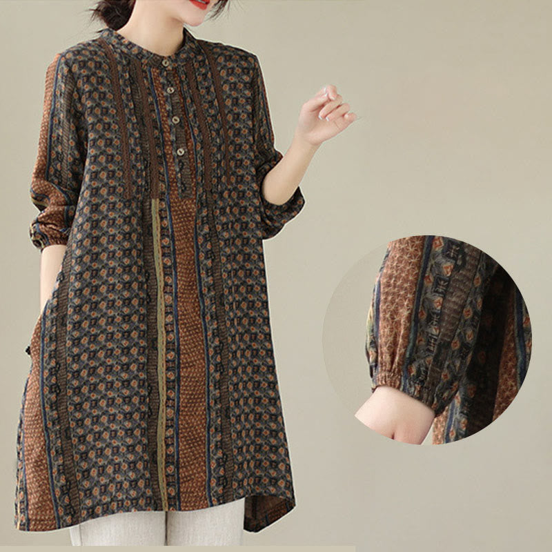 Buddha Stones Retro Printed Floral Women's Accordion Pleats Design Long Sleeve Shirt With Pockets - image 5