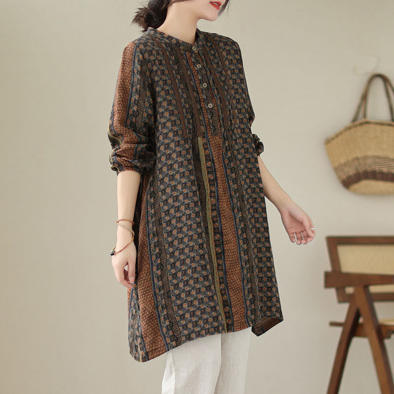 Buddha Stones Retro Printed Floral Women's Accordion Pleats Design Long Sleeve Shirt With Pockets - image 1