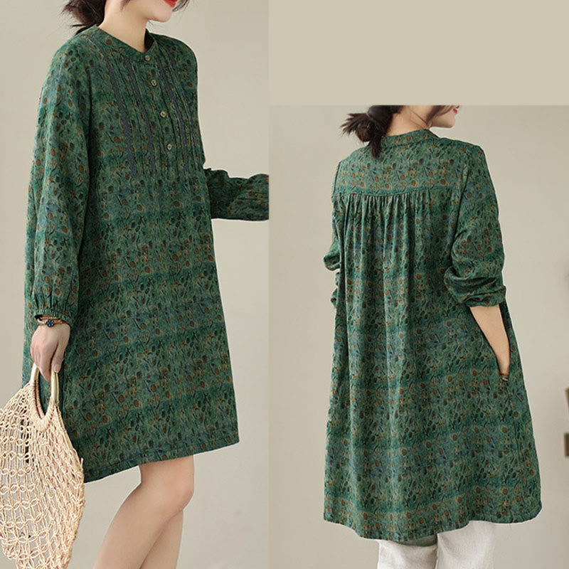 Buddha Stones Retro Printed Floral Women's Accordion Pleats Design Long Sleeve Shirt With Pockets - image 21