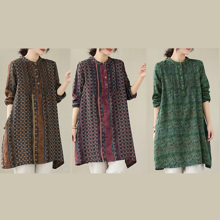 Buddha Stones Retro Printed Floral Women's Accordion Pleats Design Long Sleeve Shirt With Pockets - image 23