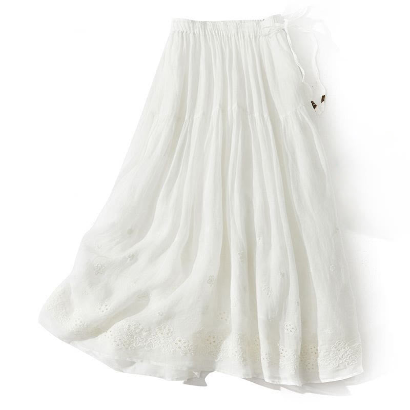 Buddha Stones Embroidery Hollow Design A-line Drawstring High Waist Women's Skirt With Pockets - White - US8-10，UK/AU12-14，EU40-42 (2XL) - image 8