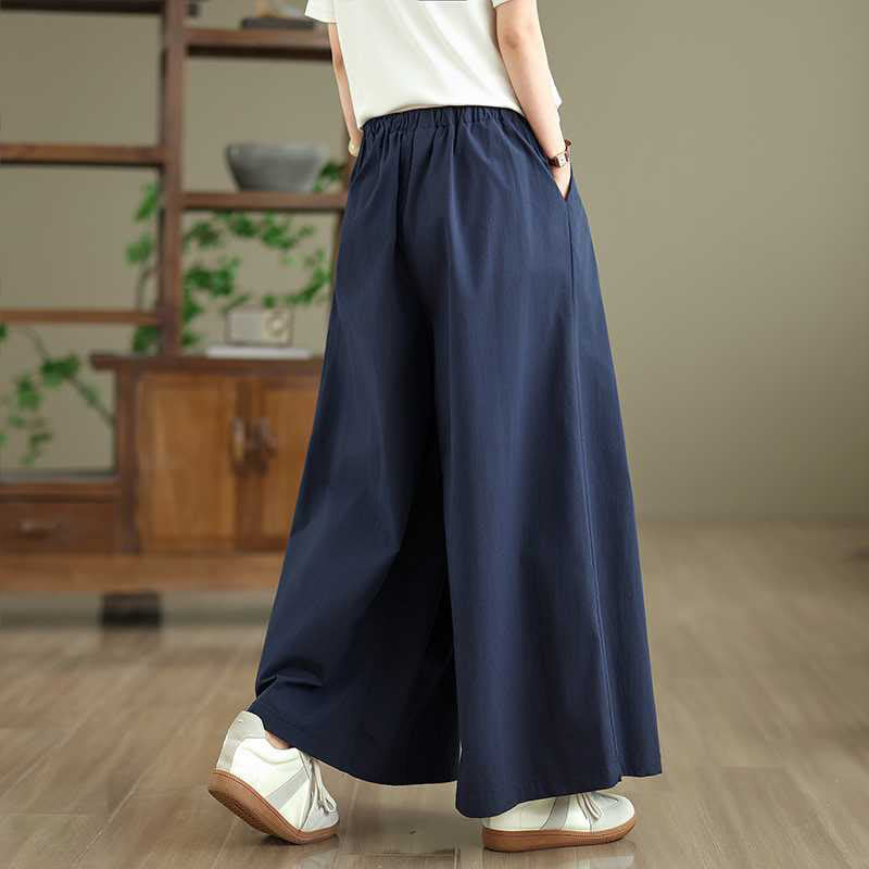 Buddha Stones Darkblue Plain Lace-up Design Women's Wide Leg Elastic Waist Pants With Pockets - image 4