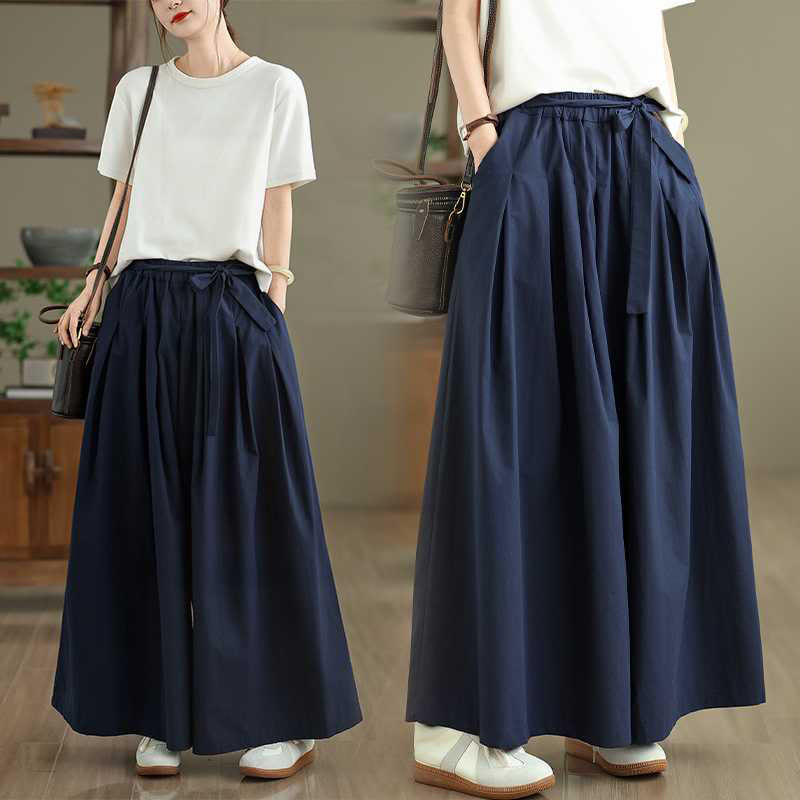 Buddha Stones Darkblue Plain Lace-up Design Women's Wide Leg Elastic Waist Pants With Pockets - DarkBlue - US6，UK/AU10，EU38 (XL) - image 0