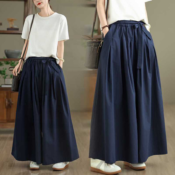 Buddha Stones Darkblue Plain Lace-up Design Women's Wide Leg Elastic Waist Pants With Pockets - DarkBlue - US6，UK/AU10，EU38 (XL) - image 0