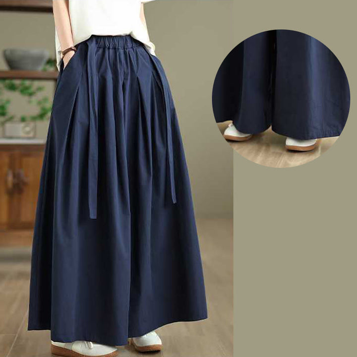 Buddha Stones Darkblue Plain Lace-up Design Women's Wide Leg Elastic Waist Pants With Pockets - image 9