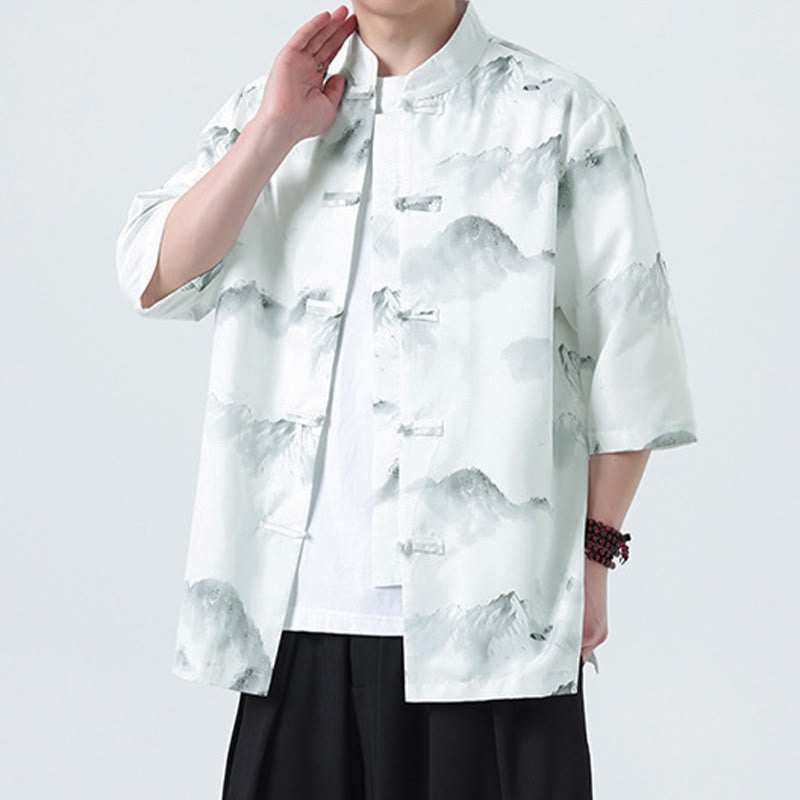 Buddha Stones Printing Chinese Ink Landscape Pattern Men's Frog-button Half Sleeve Shirts - image 15