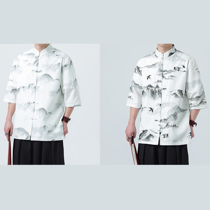 Buddha Stones Printing Chinese Ink Landscape Pattern Men's Frog-button Half Sleeve Shirts - image 18