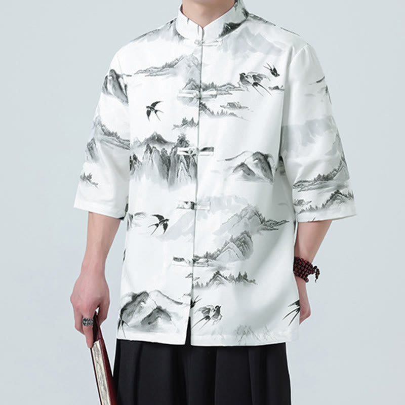 Buddha Stones Printing Chinese Ink Landscape Pattern Men's Frog-button Half Sleeve Shirts - image 2