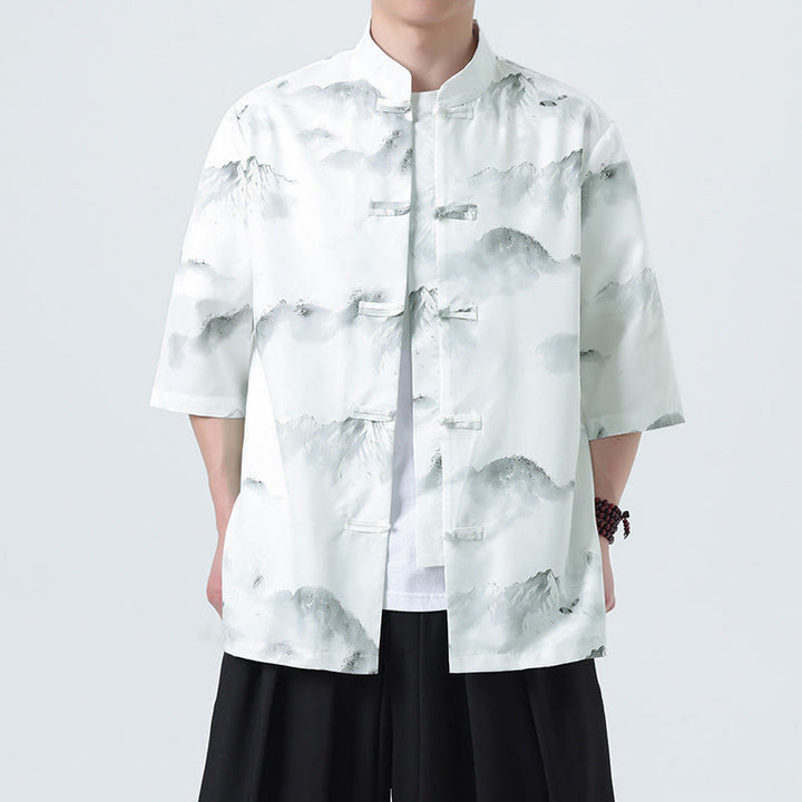 Buddha Stones Printing Chinese Ink Landscape Pattern Men's Frog-button Half Sleeve Shirts - image 16