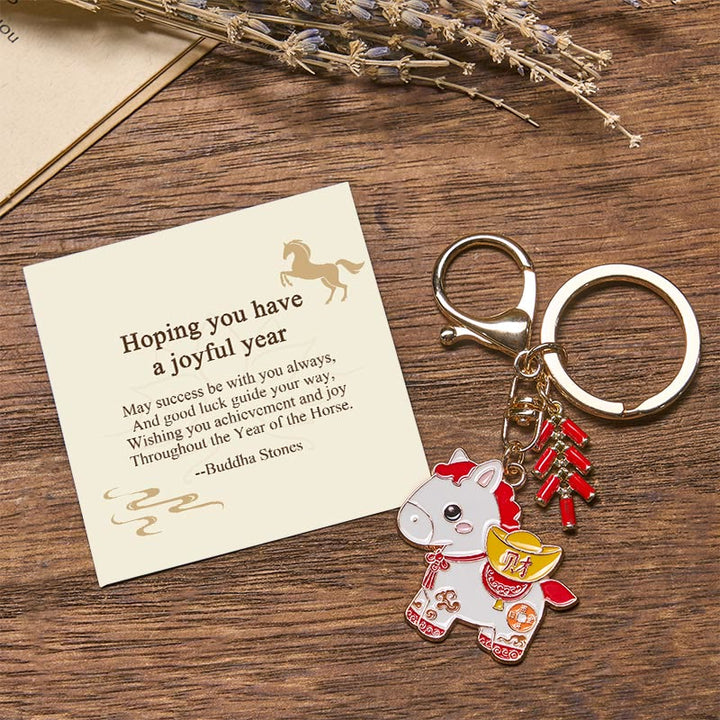 Buddha Stones "Hoping You Have a Joyful Year" Year of the Horse Ingot Red Firecrackers Alloy Key Chain Includes Gift Message Card - Year of the Horse Wealth - Standard Gift Box - image 0