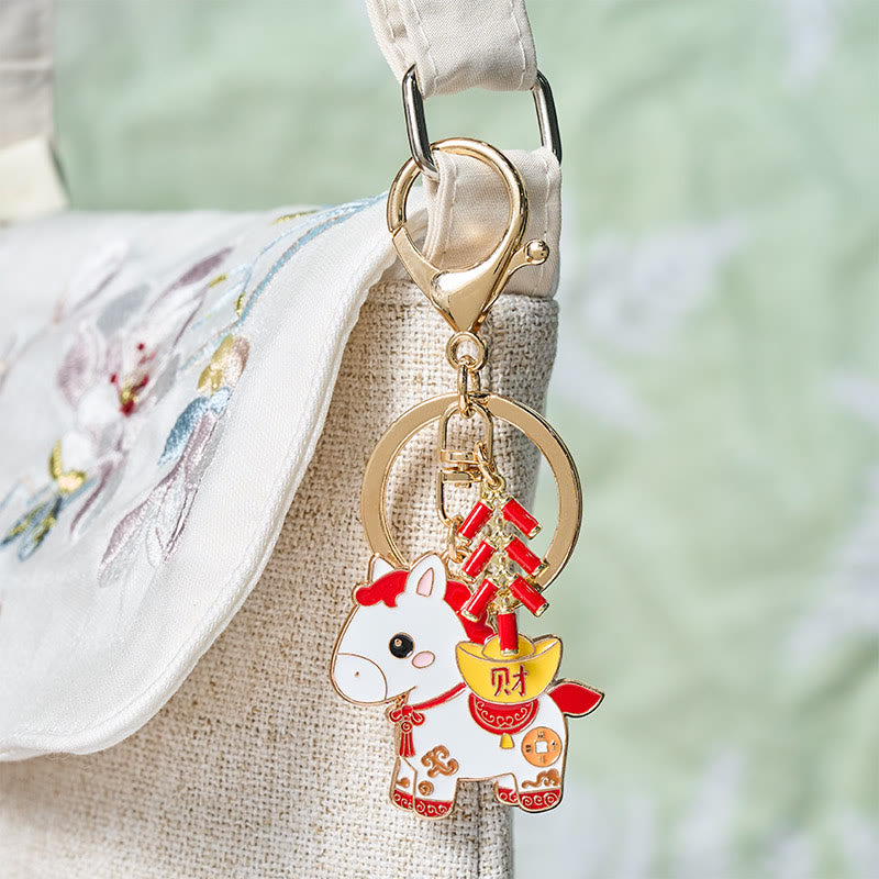 Buddha Stones "Hoping You Have a Joyful Year" Year of the Horse Ingot Red Firecrackers Alloy Key Chain Includes Gift Message Card - image 4