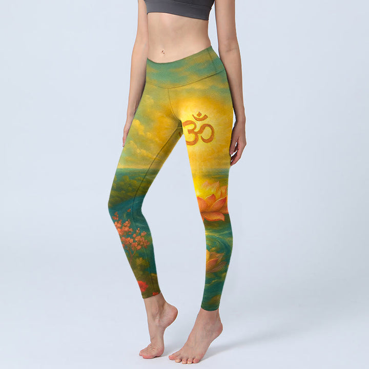 Buddha Stones Symmetrical Om Symbol Lotus Flower Small Flower Tree Cloud Pattern Print Gym Leggings Women's Yoga Pants - Green - US18，UK/AU22，EU50 (4XL) - image 0
