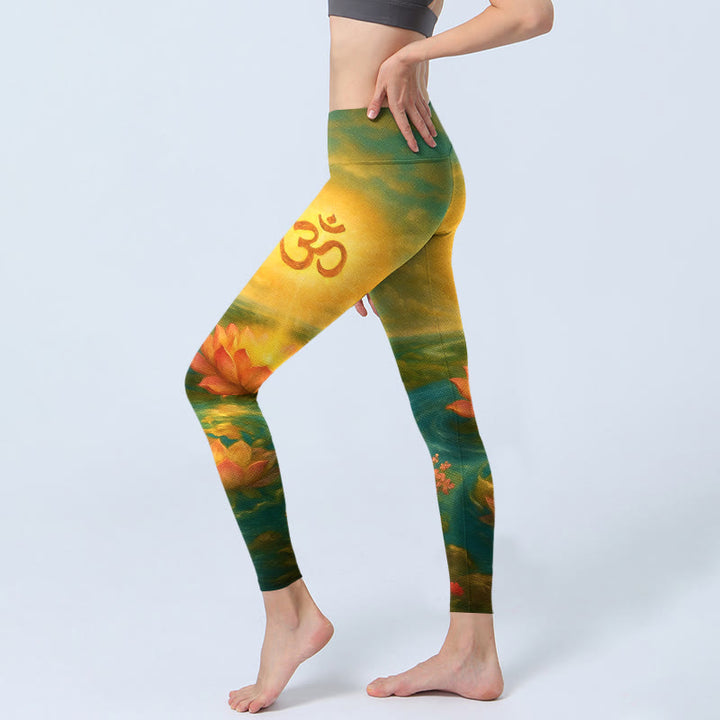 Buddha Stones Symmetrical Om Symbol Lotus Flower Small Flower Tree Cloud Pattern Print Gym Leggings Women's Yoga Pants - image 2