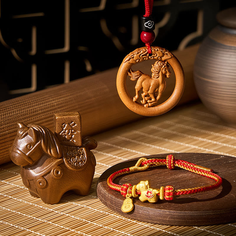 Buddha Stones Year Of The Horse Peach Wood Cinnabar Green Sandalwood Red String Protection Ward Off Evil Spirits Bundle - The Horse Red String Peach Wood Green Sandalwood Bundle - image 0