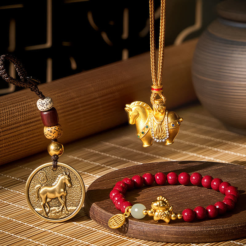 Buddha Stones Year Of The Horse Copper Cinnabar Hetian Jade 24k Gold Plated Brass Blessing Energy Bundle - The Horse Cinnabar Copper Blessing Bundle - image 0