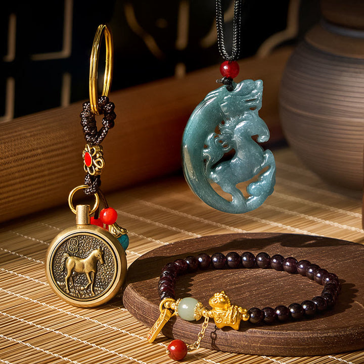 Buddha Stones Year Of The Horse Garnet Dragon Jade Fu Character Protection Luck Bundle -  The Horse Garnet Jade Brass Protection Bundle - image 0