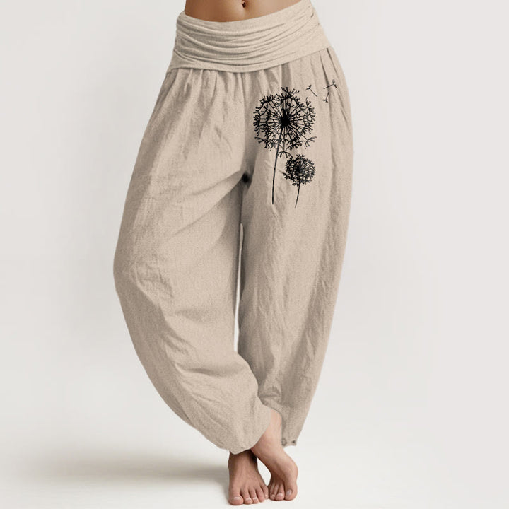 Buddha Stones Pure Cotton Minimalist Style Dandelion Pattern Women's Elastic Waist Harem Pants - Tan - US16，UK/AU20，EU48 (3XL) - image 0