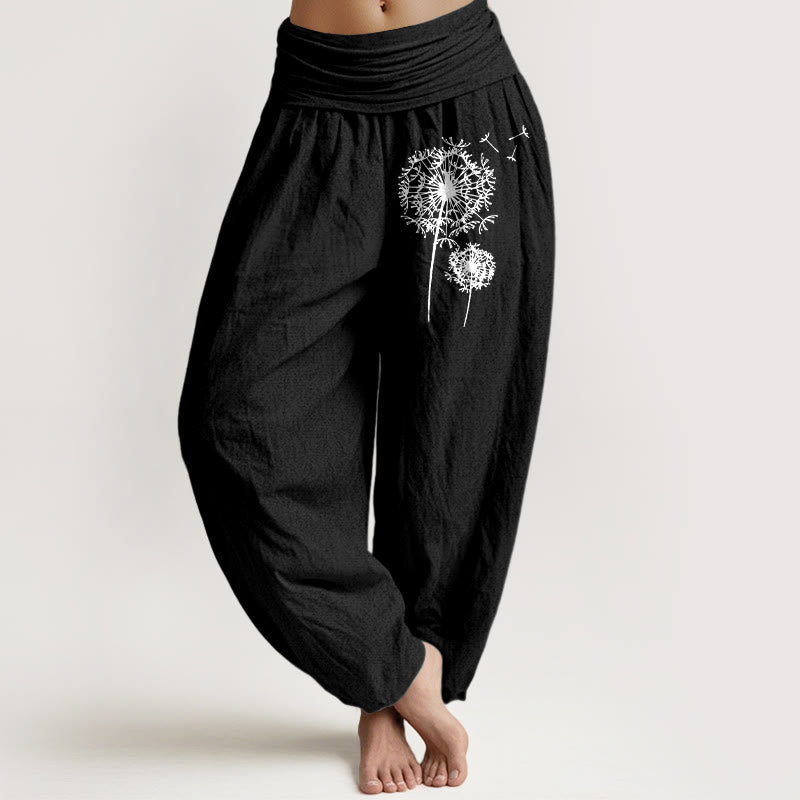 Buddha Stones Pure Cotton Minimalist Style Dandelion Pattern Women's Elastic Waist Harem Pants - Black - US16，UK/AU20，EU48 (3XL) - image 5