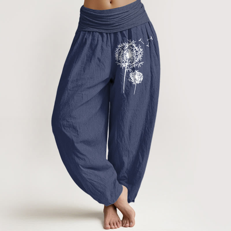 Buddha Stones Pure Cotton Minimalist Style Dandelion Pattern Women's Elastic Waist Harem Pants - DarkSlateBlue - US16，UK/AU20，EU48 (3XL) - image 8