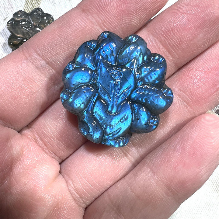 Buddha Stones Carved Nine Tailed Fox Labradorite Figurine Wisdom Healing Statue Decoration - Nine Tailed Fox 4.5*1.3cm - image 0