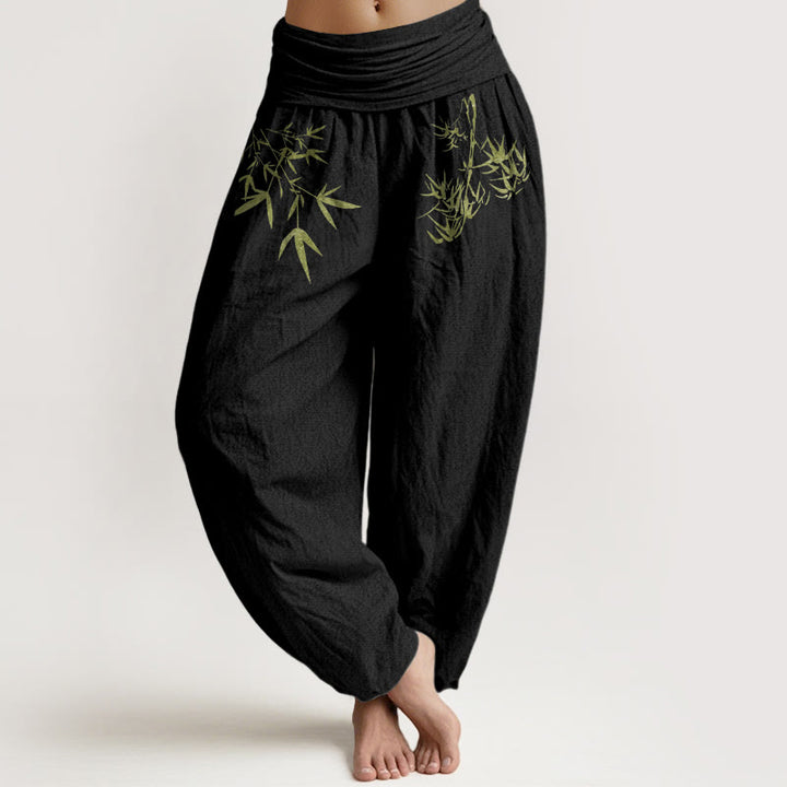 Buddha Stones Pure Cotton Minimalist Style Bamboo Leaf Pattern Women's Elastic Waist Harem Pants - Black - US16，UK/AU20，EU48 (3XL) - image 5