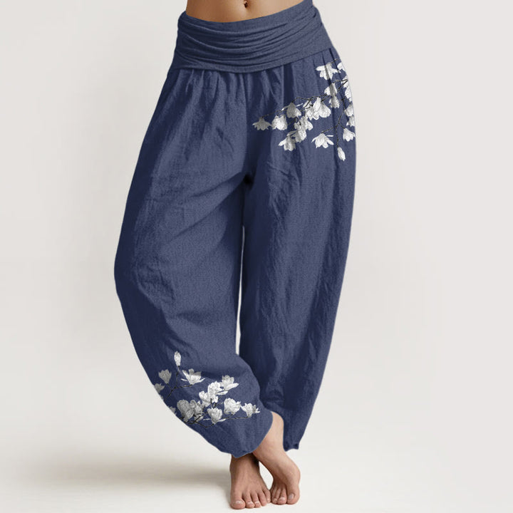 Buddha Stones Pure Cotton Minimalist Style Magnolia Flower Pattern Women's Elastic Waist Harem Pants - DarkSlateBlue - US16，UK/AU20，EU48 (3XL) - image 5