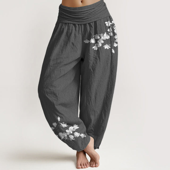 Buddha Stones Pure Cotton Minimalist Style Magnolia Flower Pattern Women's Elastic Waist Harem Pants - DimGray - US16，UK/AU20，EU48 (3XL) - image 8