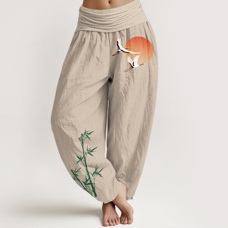 Buddha Stones Pure Cotton Elegant Sun Crane Bamboo Pattern Women's Elastic Waist Harem Pants - Tan - US16，UK/AU20，EU48 (3XL) - image 0